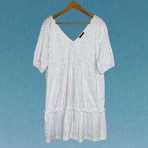 ASOS Design Curve Eyelet Dress V Neck Smock White Puff Sleeve Cover Up SZ 18